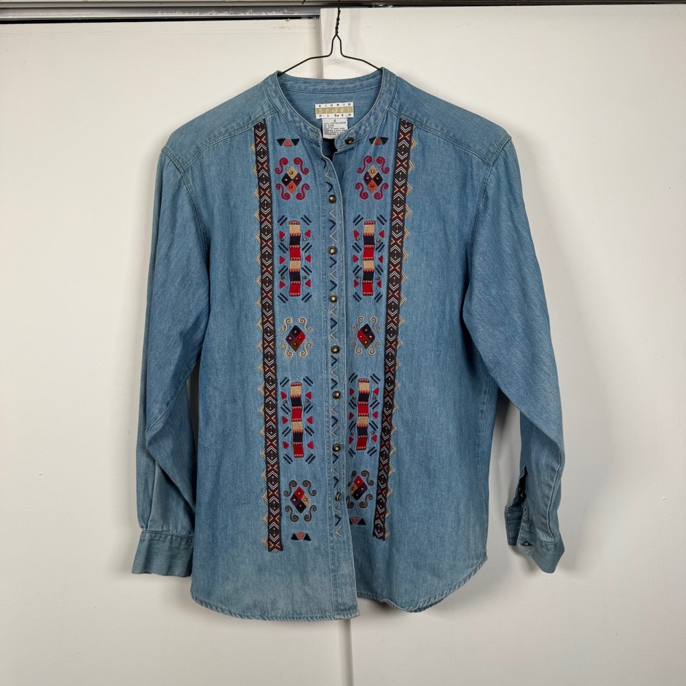 Sigrid Sport Olsen Denim Shirt Small Blue Embroidered Southwestern Cotton